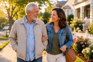 Father and daughter walk outside in the sun