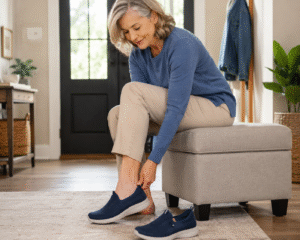 Woman putting on shoes by the front door