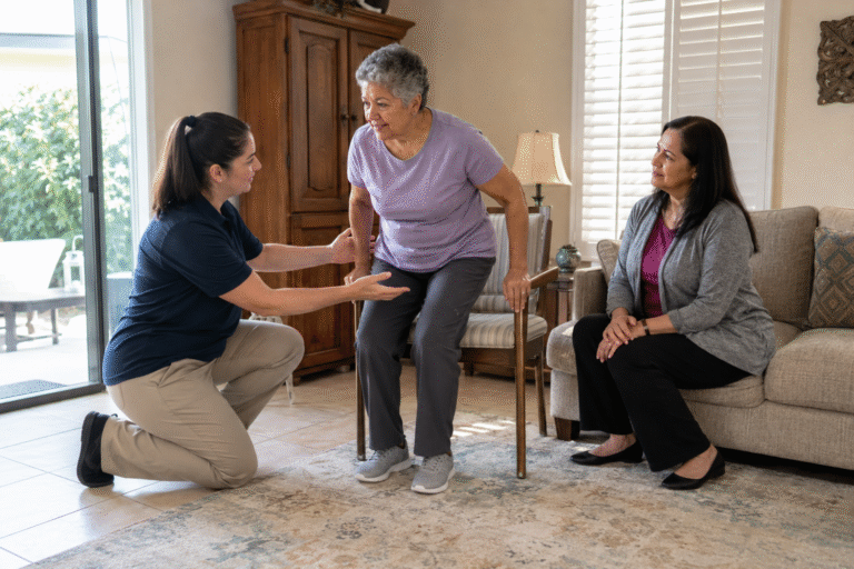 A caregiver assists an older adult with her transfer while her daughter looks on