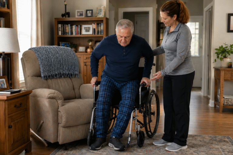 A gentleman transfers from wheelchair to a recliner.